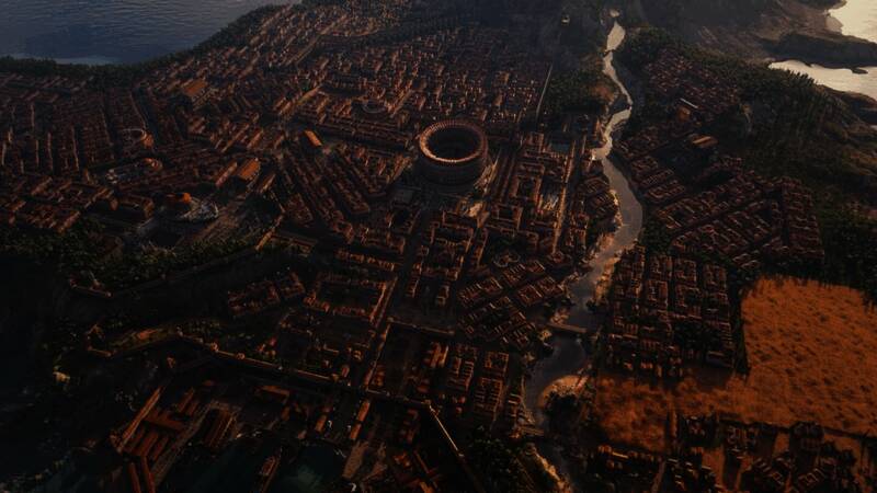 游戏内城镇建设全景图，街道纵横交错，建筑风格统一，细节丰富