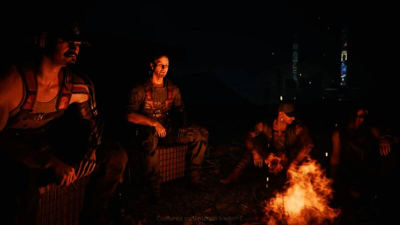 Switch2屏幕上显示《赛博朋克2077》的4K级画面，远处高楼灯光璀璨，近景街道细节丰富