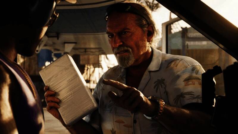 《GTA6》最新预告片截图，展示游戏中的城市街道与角色互动场景