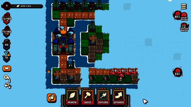 游戏内战斗场景，浮岛之上塔防设施排列有序，敌人正从边缘逼近