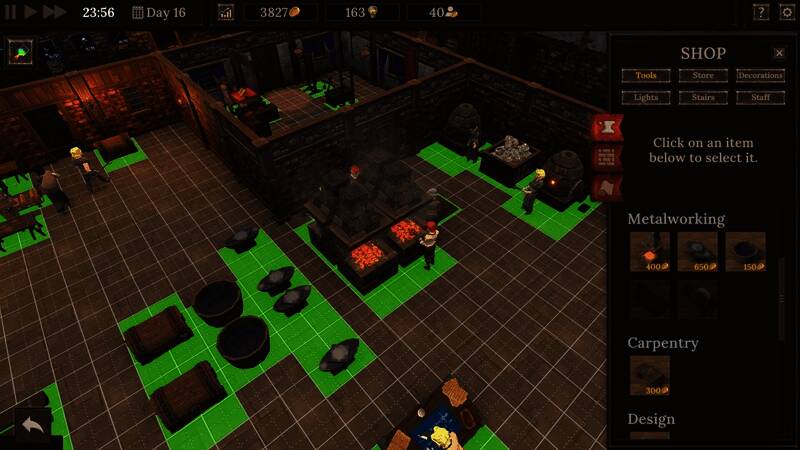 游戏中铁匠铺建设界面截图，展示多层结构布局与生产链系统