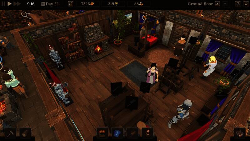 游戏内员工工作画面，展示不同角色在铁匠铺中分工协作的情景