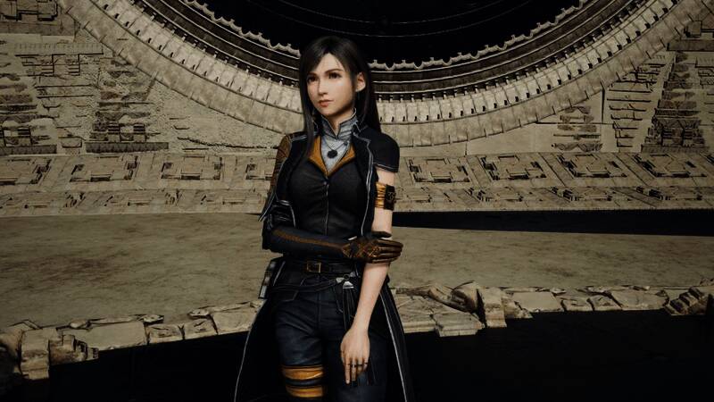 蒂法身穿吕涅装在城市街道中奔跑的场景，服装细节清晰可见