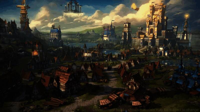 圣殿城镇全景展示，建筑风格庄严神圣，光影效果精致细腻