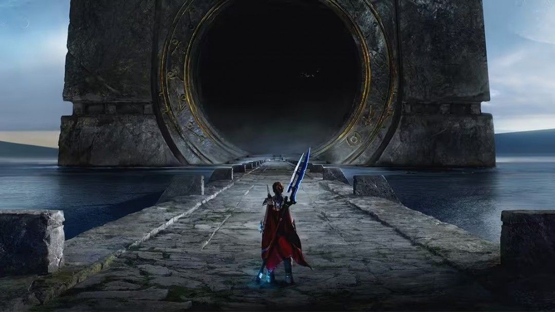 游戏中主角手持长剑面对巨型BOSS的激烈战斗场景，背景为神秘古老遗迹