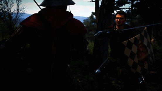 游戏场景截图，亨利与神秘画家在夜晚篝火旁交谈