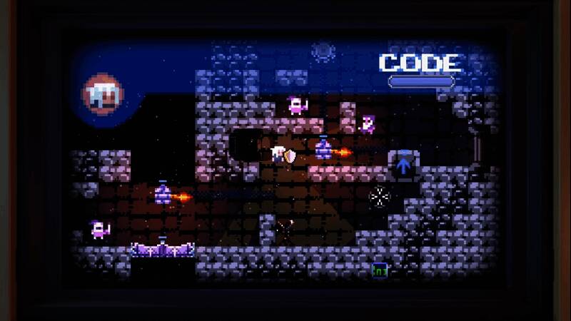 复杂的机关结构环绕着主角，地面上散落着被击败的敌人残骸