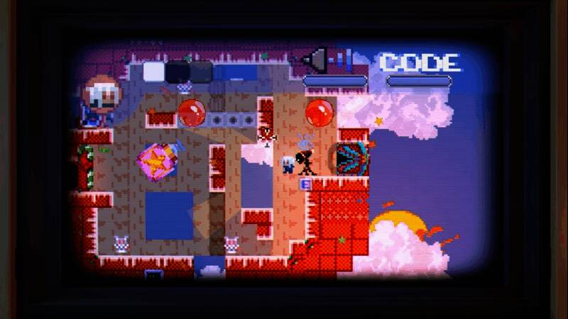 主角手持武器面对跪下的敌人，背景中浮现出善恶值变化的界面