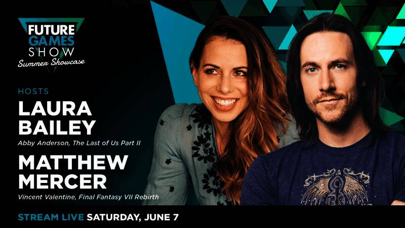 Matthew Mercer手持麦克风，面带自信笑容，背景为未来游戏展舞台设计