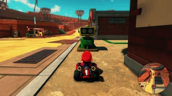 马里奥赛车在开放世界中疾驰，周围是绚丽多彩的游戏场景