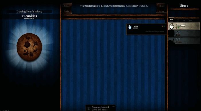 游戏内截图展示点击制饼界面，左侧为各类升级选项，右侧为当前饼干产量统计