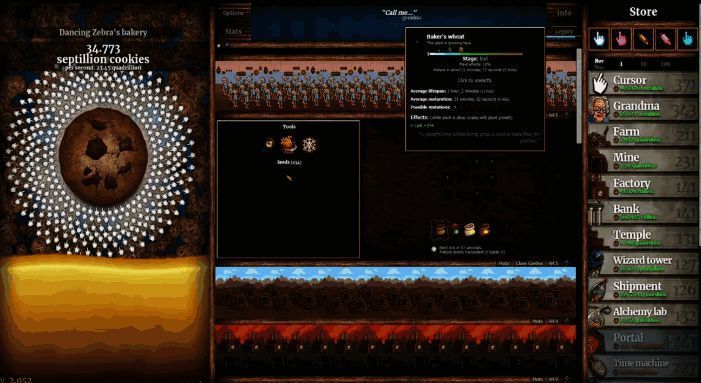 游戏中期界面展示多个自动生产设备，包括鼠标点击器和工厂流水线