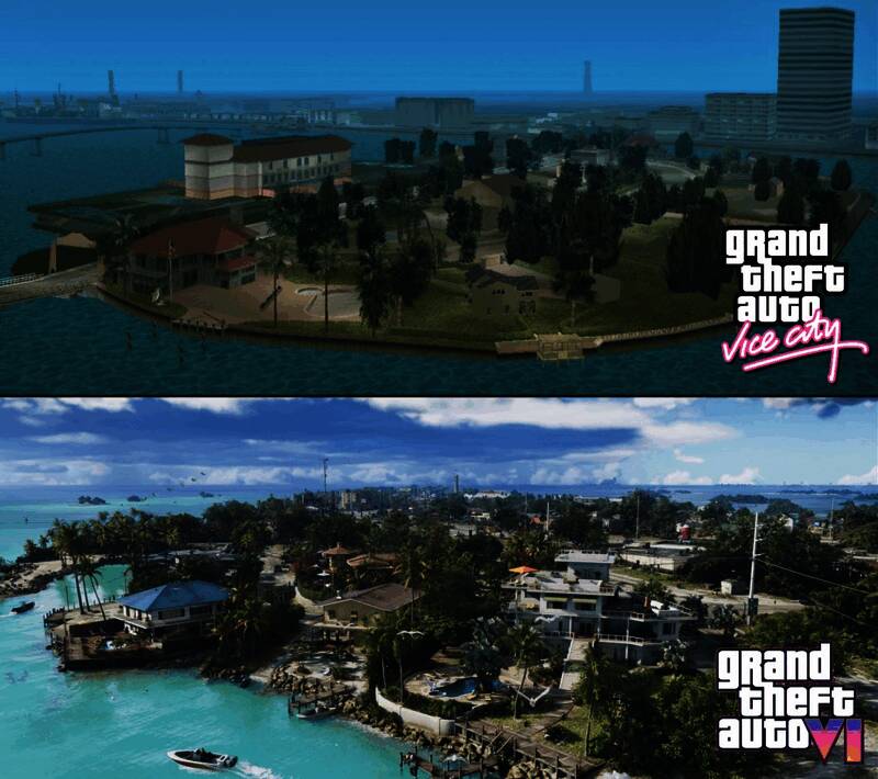 《GTA：罪恶都市》与《GTA6》中的同一岛屿场景对比，上方为低多边形风格旧作，下方为光影逼真、植被丰富的现代呈现