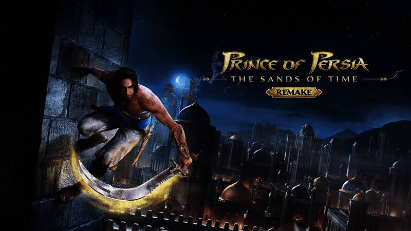 《波斯王子：时之沙》重制版游戏画面，主角在沙漏前做出标志性动作，场景充满神秘氛围