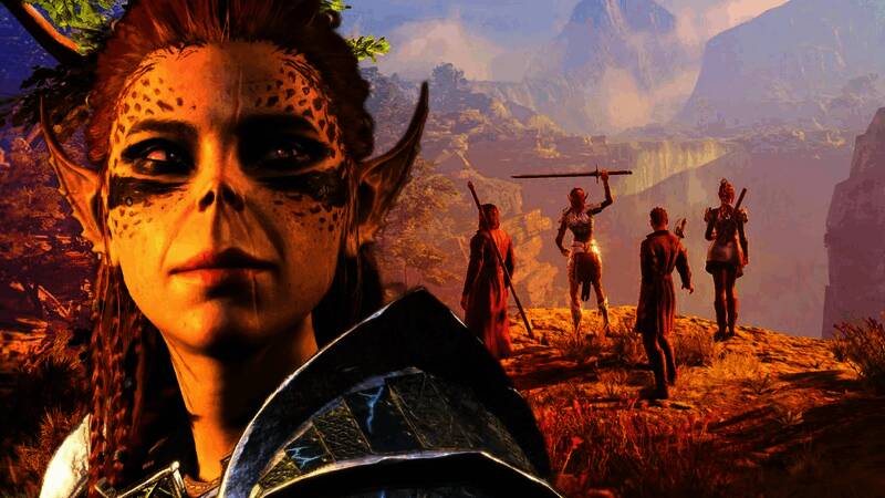 《博德之门3》游戏场景，角色身着盔甲手持武器，背景为奇幻风格的城市景观