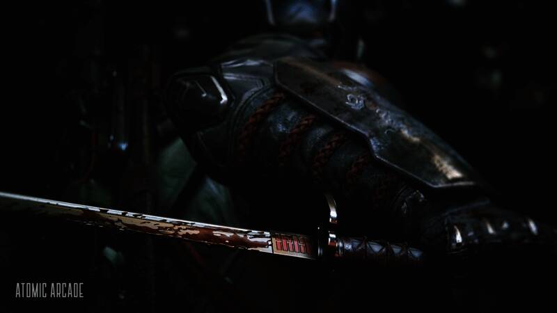 蛇眼角色全身模型展示，身穿黑色盔甲手持武士刀，背景为战斗场景