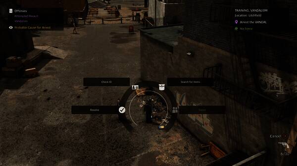 主角驾驶警车穿梭于霓虹闪烁的街道，远处可见持械对峙的帮派成员