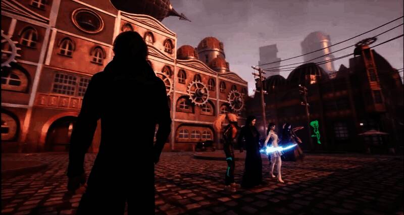 早期版本中的蒸汽朋克城市场景，角色在街道间穿行，背景建筑风格充满复古机械感