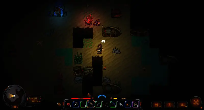 玩家在工作台前制作深海装备，旁边摆放着各类工具与材料