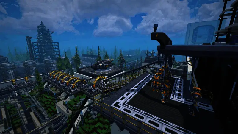 玩家在宇宙空间中搭建轨道站与太空工厂，画面呈现宏大工程细节