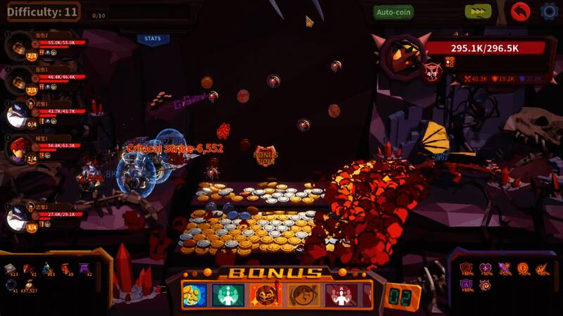 游戏主界面展示，左侧为挂机收益面板，右侧为推币机操作区域，整体UI设计简洁直观