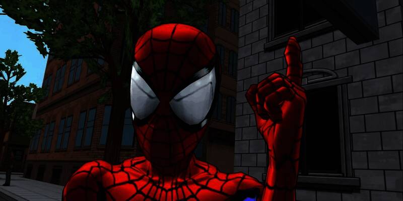 《终极蜘蛛侠》游戏经典画面，蜘蛛侠在高楼间飞跃