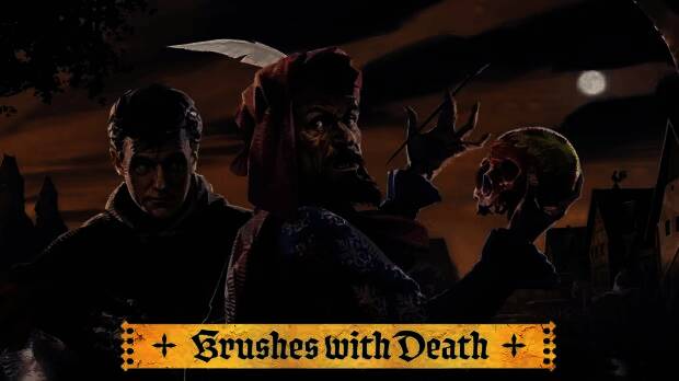 《天国：拯救2》DLC《生死绘梦》宣传图，展示主角亨利与神秘画师对峙场景