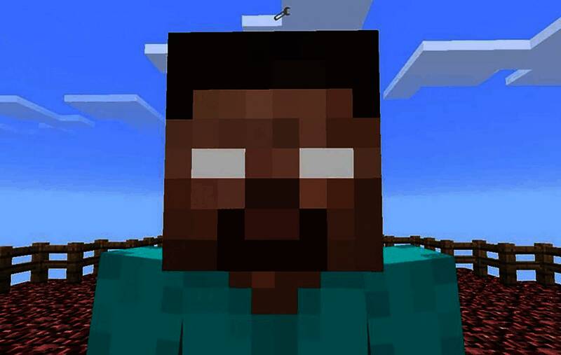 《我的世界》玩家社区流传的Herobrine恐怖形象插图，营造诡异气氛