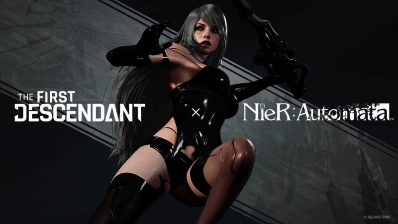 联动宣传图展示2B与A2角色造型，背景为科技感十足的城市废墟