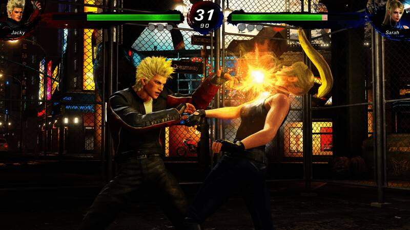 《VR战士5 R.E.V.O.》游戏封面风格角色立绘，背景为激烈的对决场景