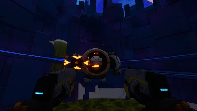 《机械守护者》游戏画面，充满未来科技感的战斗场景，机器人敌人与主角激烈交火