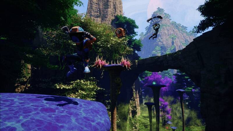 游戏内战斗画面，主角与外星生物对峙，背景为紫色星空与漂浮岛屿