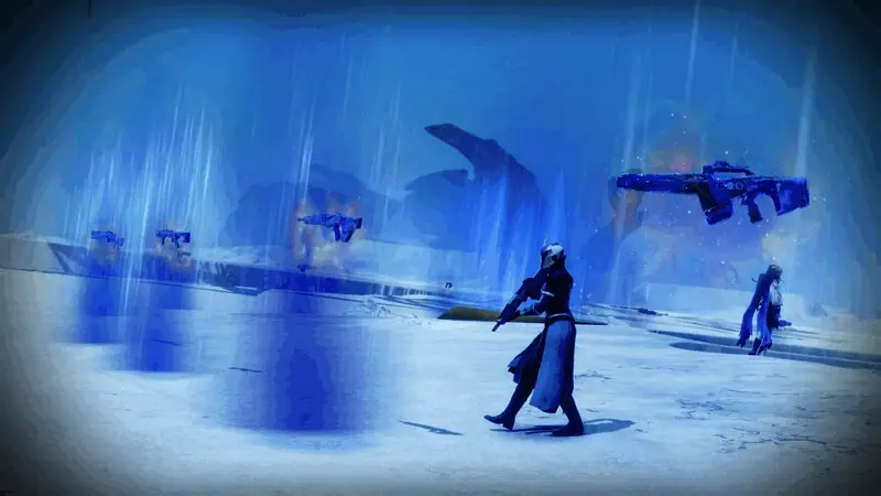 地牢入口场景，三位玩家组队进入神秘洞穴，地面闪烁着玖的符号