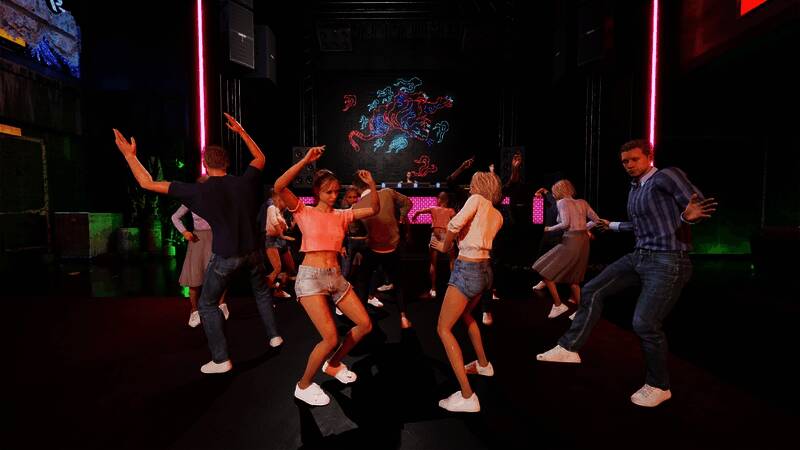 游戏主界面展示夜店外观，霓虹灯闪耀，充满未来感