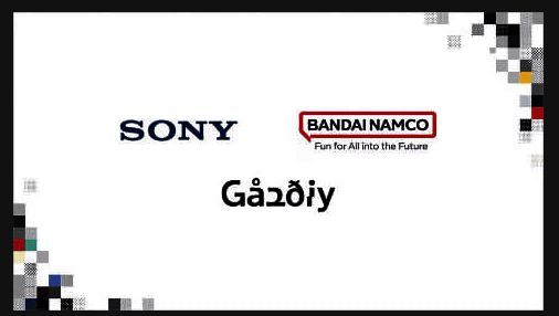 索尼与万代南梦宫高层握手合影，背景显示Gaudiy平台界面示意