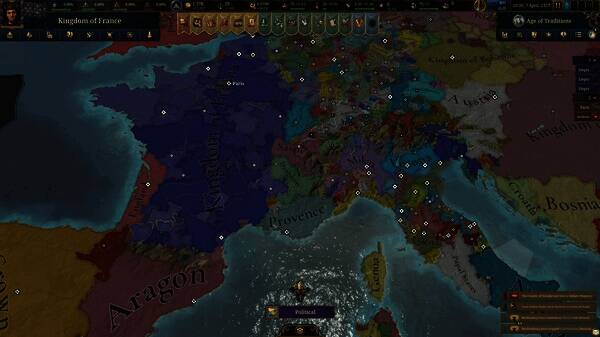 游戏中一位君主坐在王座上，身旁有顾问与将领，背景为战略地图