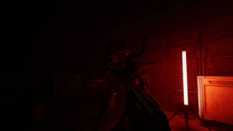 游戏中高科技实验室内部场景，墙壁上布满警告标识，气氛紧张压抑