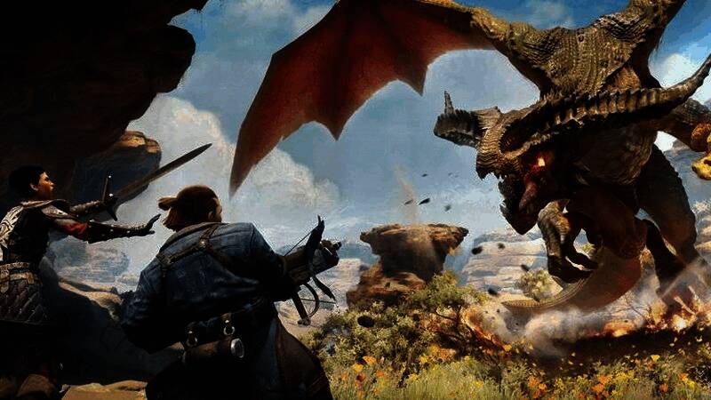 《龙腾世纪4》游戏宣传图，展示主角与神秘生物对峙的画面