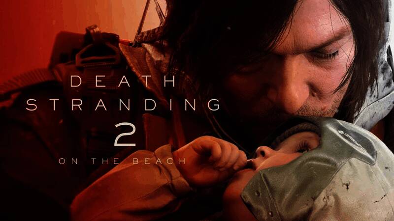 《死亡搁浅2》游戏实机画面，主角在荒野中行走，背景有奇异光影效果