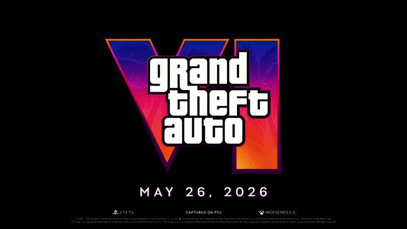 《GTA6》发售信息展示画面，显示发售日期与PS5标识