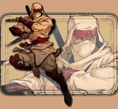 乔·武藏手持武士刀站立于悬崖之上，背后是燃烧的城市与飞行的机械敌人