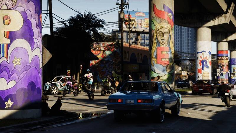 GTA6角色互动场景，城市街景繁忙而真实