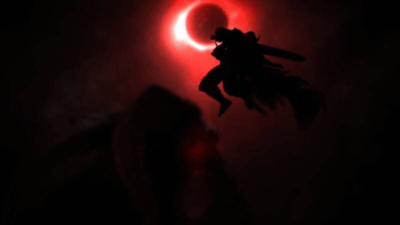 《暗黑破坏神4》与《剑风传奇》联动角色造型展示，黑色剑士披风猎猎，手持巨刃气势逼人