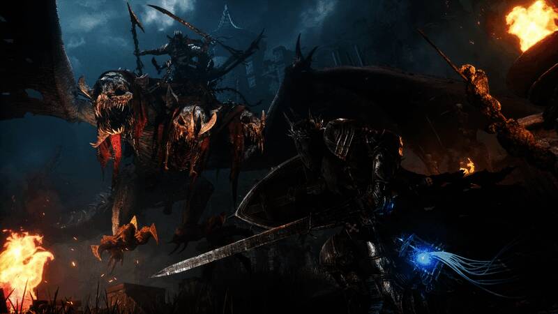 《堕落之主》原画场景，黑暗幻想风格浓郁，角色身穿重甲手持巨刃面对巨型Boss