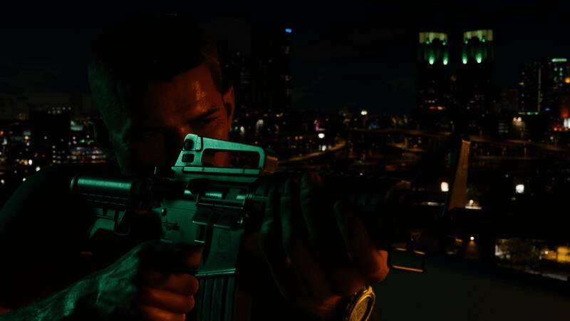 《GTA6》最新预告中展示的武器商店场景，店内陈列着琳琅满目的枪械装备