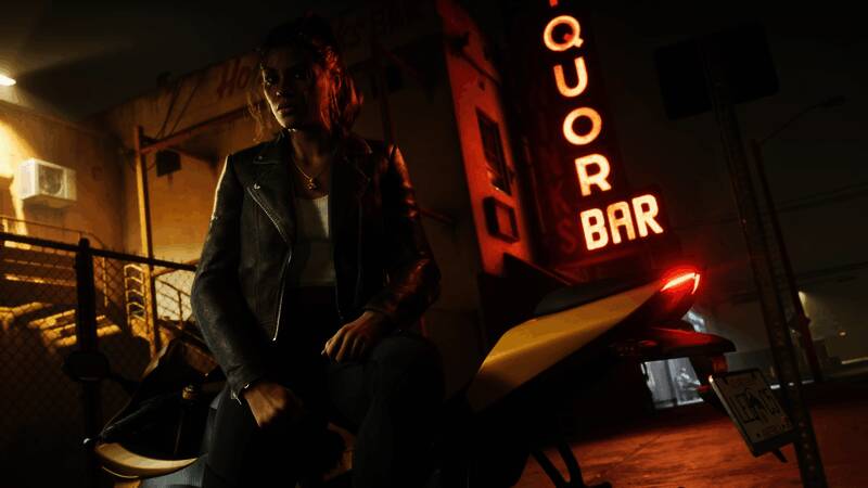 露西亚站在高楼边缘俯瞰城市，身后是霓虹闪烁的夜景