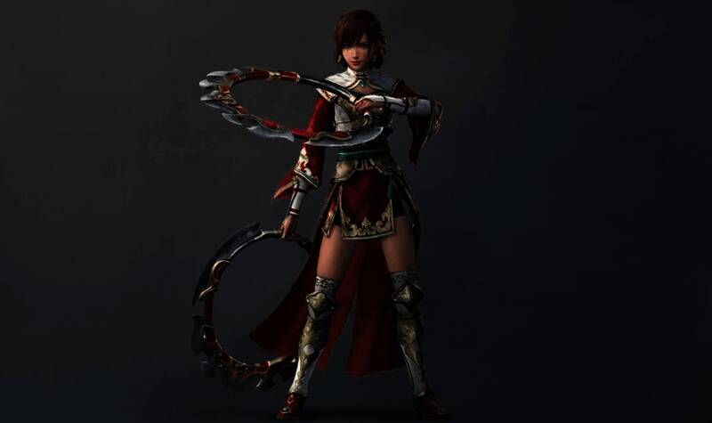 游戏内孙尚香战斗场景，身穿轻便铠甲，手持弓箭精准射击