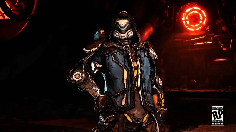 角色身披炫酷装甲，手持巨型火箭筒，背景为荒野战场