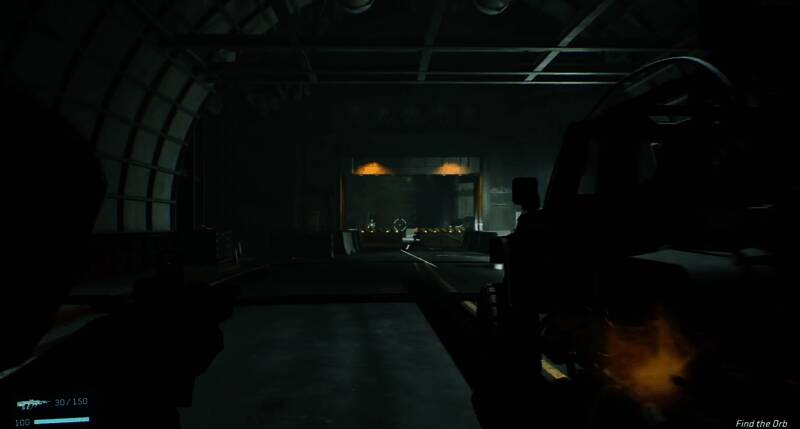 主角手持武器穿越废墟，神情坚毅，身后有无人机侦察