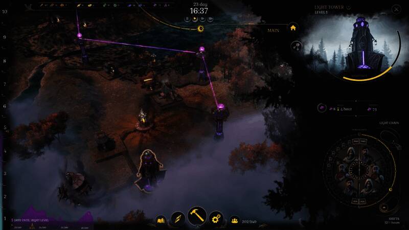 探索画面截图，探险队员在迷雾笼罩的古老遗迹中穿行